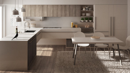 Modern minimalistic wooden kitchen with dining table, carpet and panoramic window, white architecture interior design