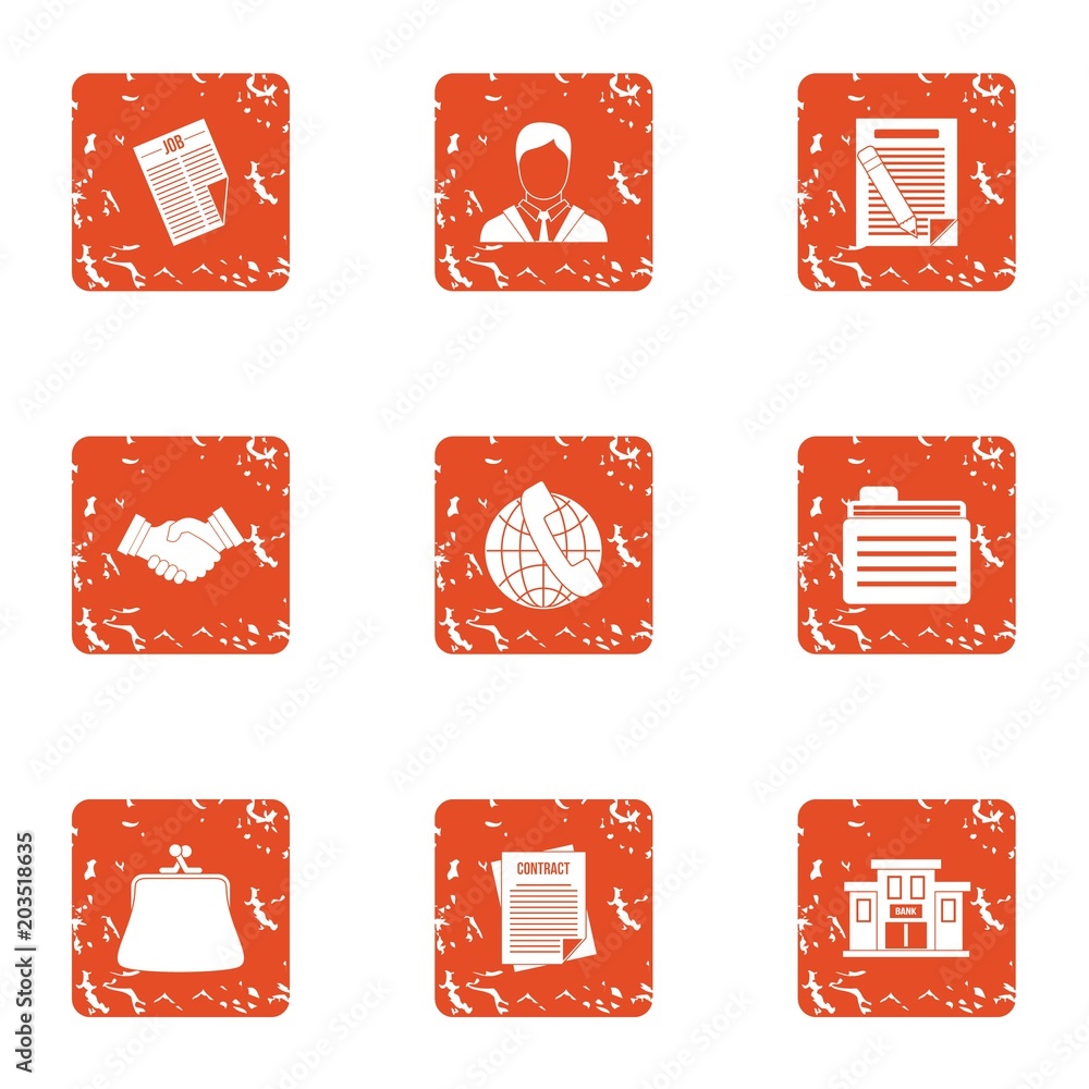 Poster document the law icons set. grunge set of 9 document the law vector icons for web isolated on white 