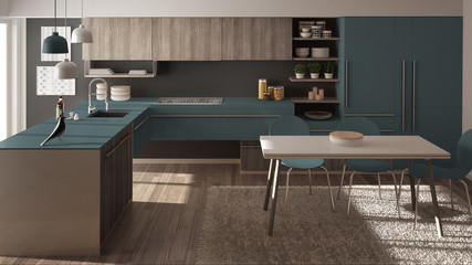 Modern minimalistic wooden kitchen with dining table, carpet and panoramic window, gray and blue architecture interior design