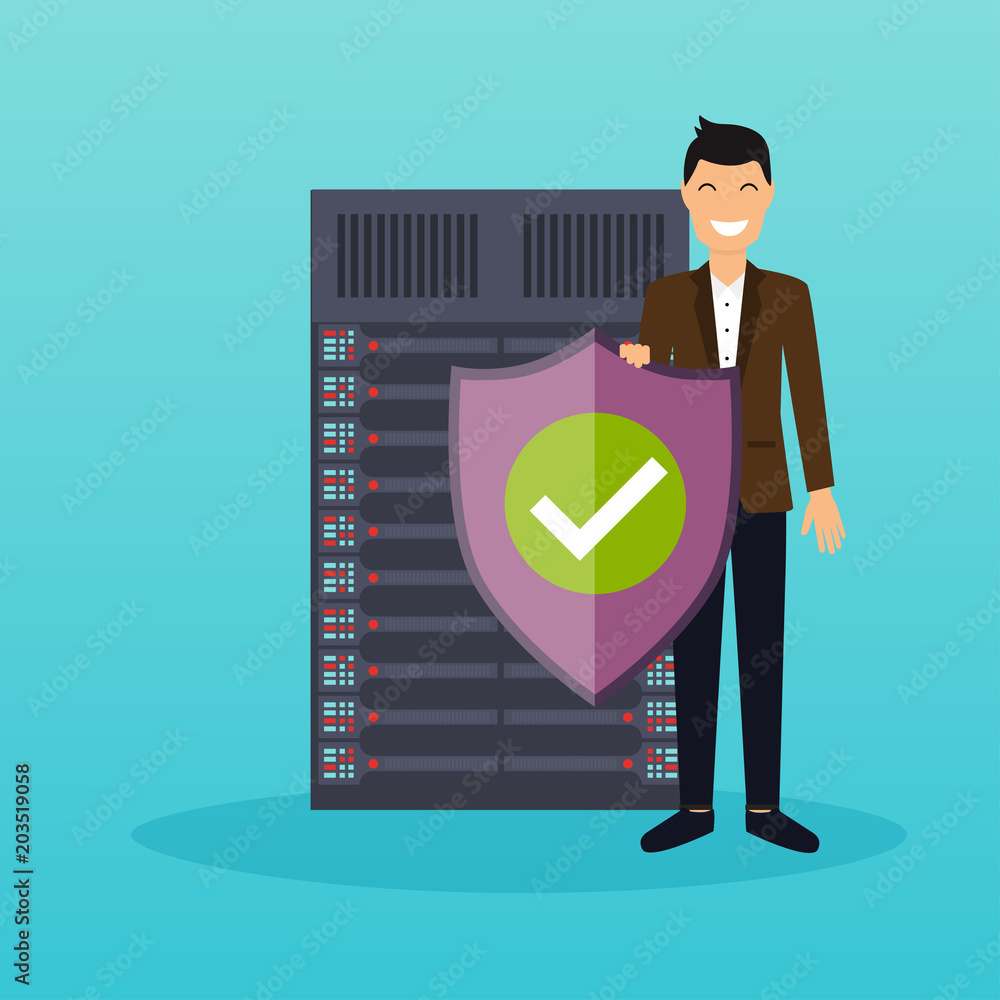 Poster man with protection shield on a server background. trendy flat icon. protection concept of digital a