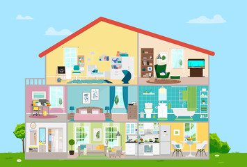House with furnishings. Eight rooms with furniture. Vector flat illustration.