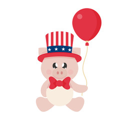 4 july cartoon cute pig in hat sitting with balloon