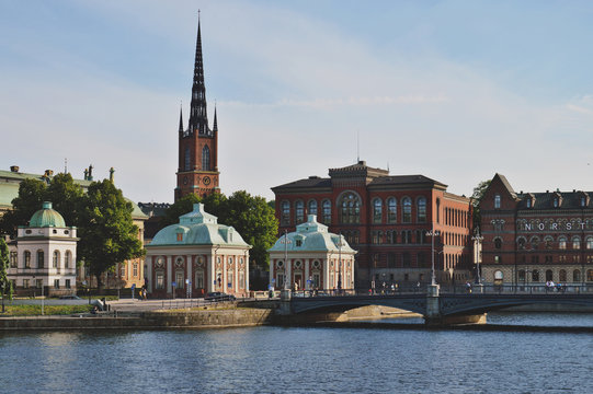 Cityscape view of Stockholm’s old town in famous Gamla Stan area densely situated by archaic buildings influenced by North German architecture