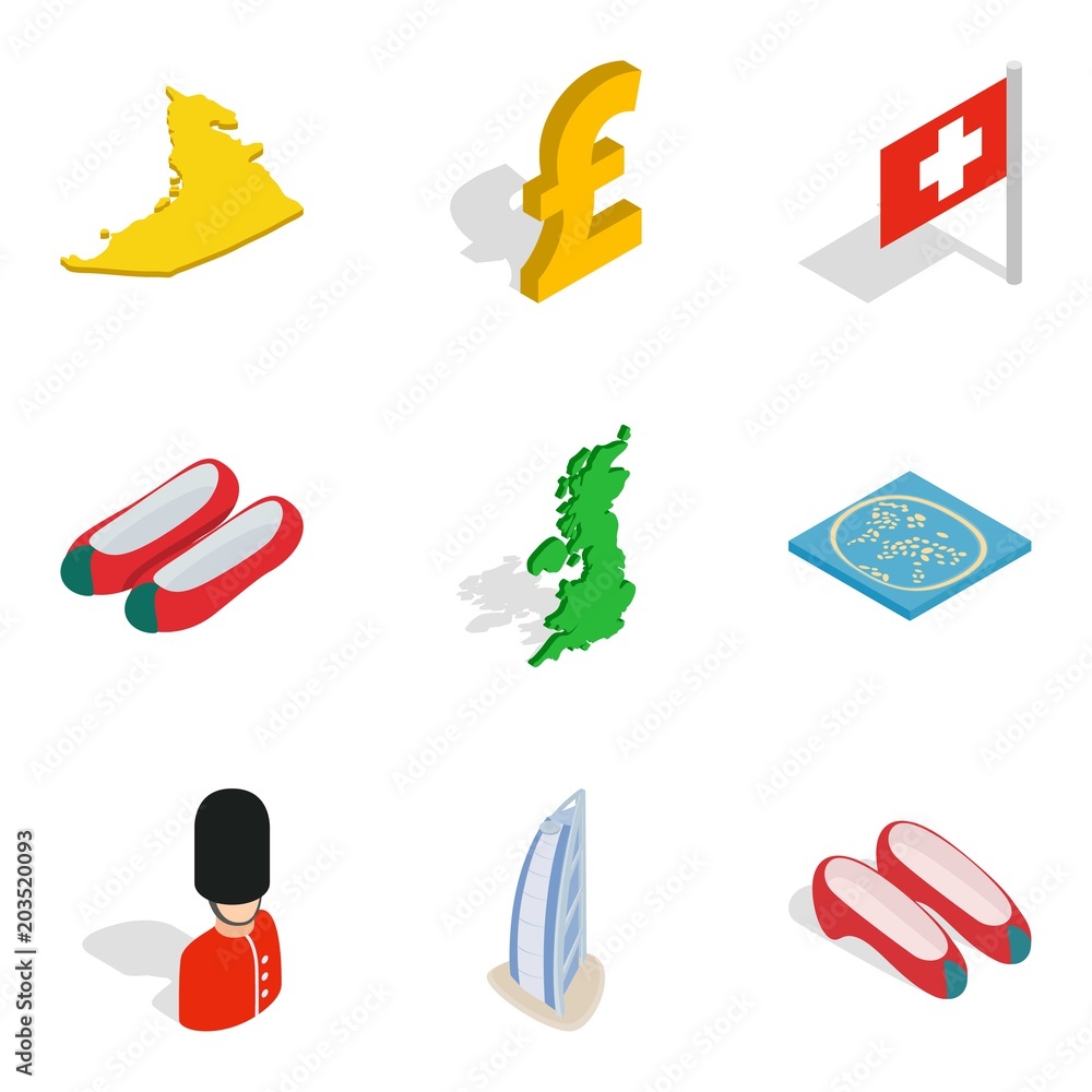 Poster global strategy icons set. isometric set of 9 global strategy vector icons for web isolated on white