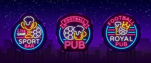 Sports bar collection of logos in neon style. Set neon signs, soccer fan club, light banner label beer and soccer ball or bowl for live gaming tournaments or championships team. Vector. Billboard