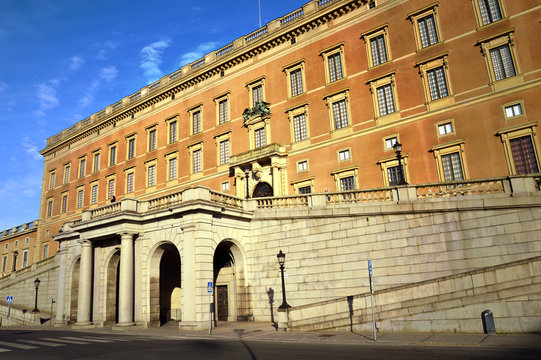 The baroque style building of The Royal Palace of Stockholm, a combination of royal residence, workplace and culture-historical monument in old town Gamla Stan, Stockholm, Sweden
