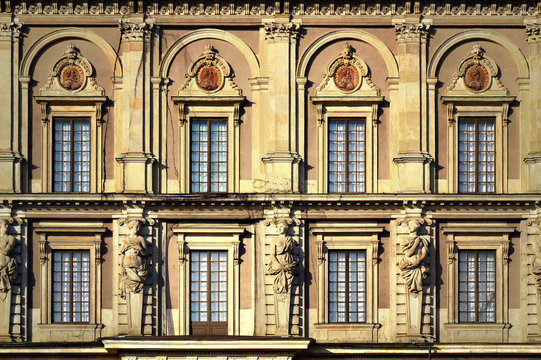 Details of baroque style building of The Royal Palace of Stockholm, a combination of royal residence, workplace and culture-historical monument in old town Gamla Stan, Stockholm, Sweden