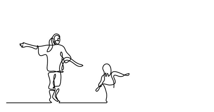 Self drawing animation of continuous line drawing of happy family having fun