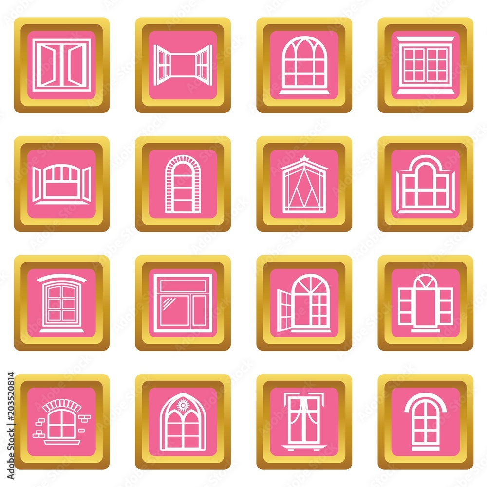 Poster window design icons set vector pink square isolated on white background