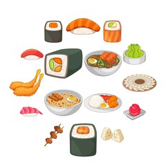 Japanese food icons set. Cartoon illustration of 16 japanese food vector icons for web