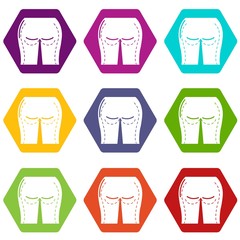 Buttocks liposuction icons 9 set coloful isolated on white for web