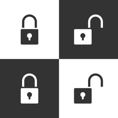 Lock and unlock icon set on black and white background