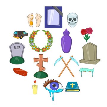 Funeral Icons set in cartoon style isolated on white background