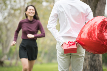 Lovers give gifts and balloons in the park.