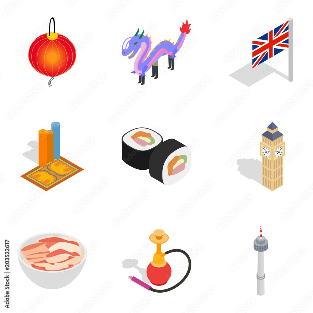 Poster world play icons set. isometric set of 9 world play vector icons for web isolated on white backgroun