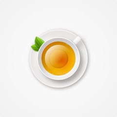 Realistic cup with green tea shiny vector illustration top view