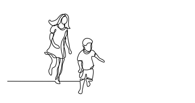 Self drawing animation of continuous line drawing of happy family having fun together