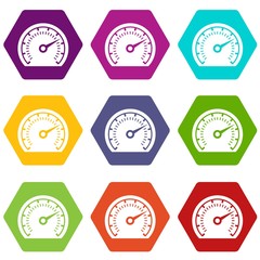 Speedometer icons 9 set coloful isolated on white for web