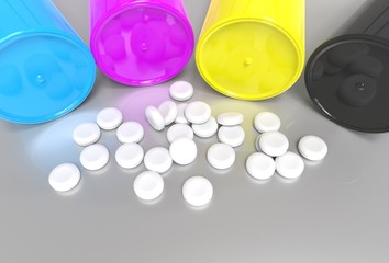 Colourful medicine bottles with white pills