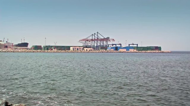 Port with freighter of Ras Al Khaimah, one of the United Arabic Emirates.