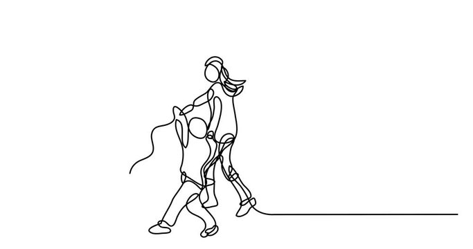 Self drawing animation of continuous line drawing of happy family cheering