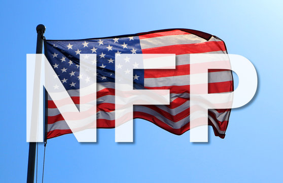 Text NFP( Non farm pay roll ) with background American flag  , Business concept.