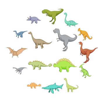 Different dinosaurs icons set. Cartoon illustration of 16 different dinosaurs vector icons for web