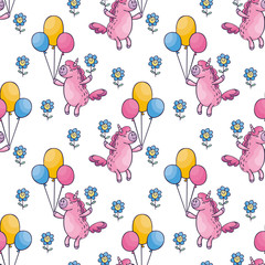 Children's seamless pattern with cute unicorns in doodle style. Colorful vector background.