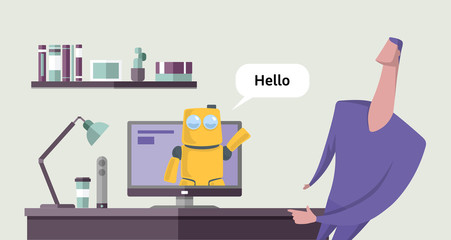 Friendly robot talking to a man from computer monitor. Chatbot conversation. Chatterbot saing hello. Concept vector illustration. Flat style. Horizontal.