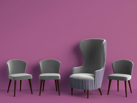Classic armchair among simple chairs in grey color on purple background with copy space