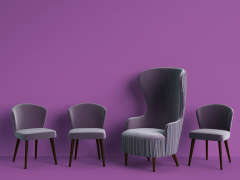 Classic armchair among simple chairs in violet color on violet background with copy space