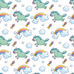 Fototapeta premium Children's seamless pattern with cute unicorns in doodle style. Colorful vector background.