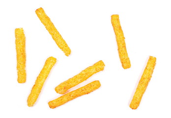 Pepper flavored potato chips isolated on white background, top view