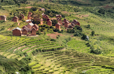 Rice terraces and Merina villages along the National Route 7 South of Tananarivo, Madagascar