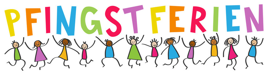 Multikulti Kinder springen hoch mit bunten Buchstaben PFINGSTFERIEN, Schulferien, Freude, Strichm&auml;nnchen