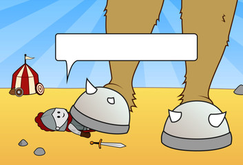 The little knight practices the sword fight against a giant on the battlefield