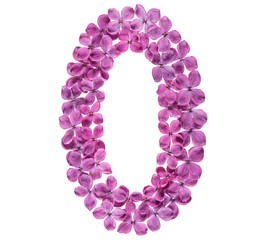 Arabic numeral 0, zero, from flowers of lilac, isolated on white background