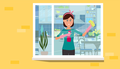 The girl washes the window in the apartment. Vector flat illustration.