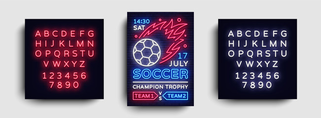 Soccer poster neon vector. Football postcard flyer design template, light banner, bright brochure soccer championship, invitation to European football, typography. Vector. Editing text neon sign