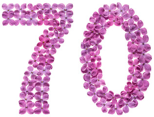 Arabic numeral 70, seventy, from flowers of lilac, isolated on white background