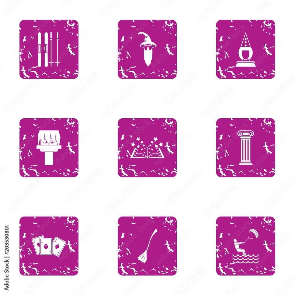 Poster magical journey icons set. grunge set of 9 magical journey vector icons for web isolated on white ba