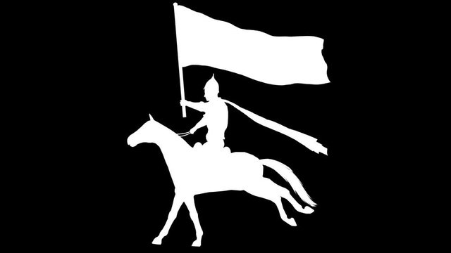 Silhouette of a rider with a flag. Alpha channel. Alpha matte. FullHD.
