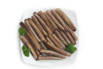 Fresh Razor clams on a plate with parsley isoletd on white background