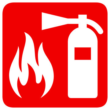 Fire safety red banner isolated on white background. Fire extinguisher and flame symbols. Vector illustration 