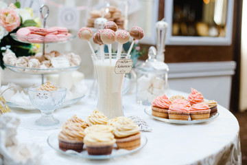 candybar in wedding, close, many desserts