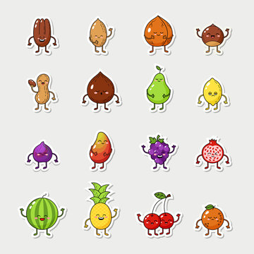 Big fruts and nuts set. Illustration of garden plant. Happy food characters. Food sticker set. Nuts set