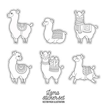Funny lama adult illustration. Patches lama character vector doodle illustration.