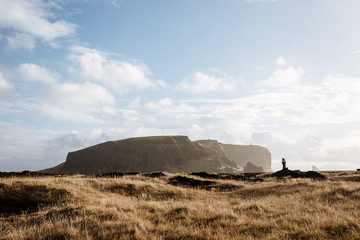 Scenic landscape of mountains in Iceland, lava field, Couple taking photo