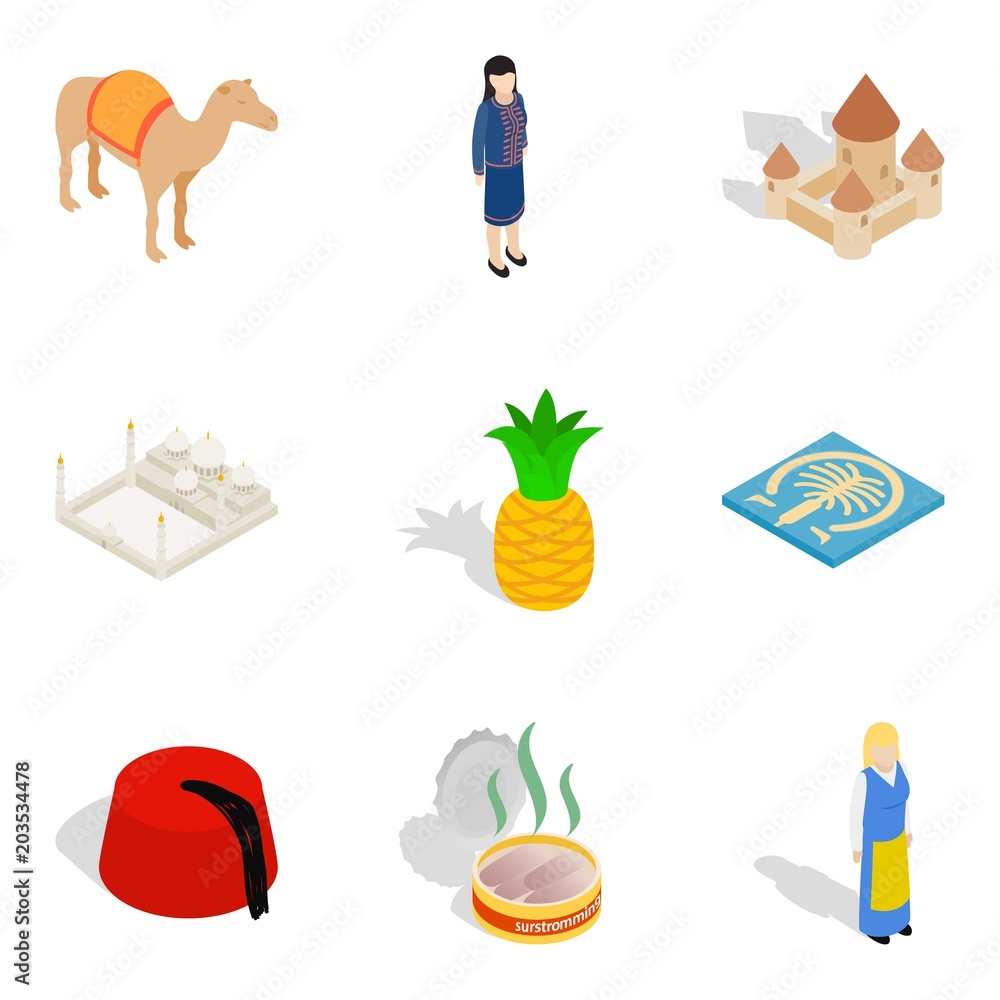 Poster warm planet icons set. isometric set of 9 warm planet vector icons for web isolated on white backgro