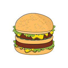 Vector big fresh tasty burger in cartoon style. Isolated on white background hamburger.